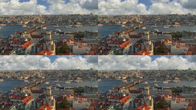 土耳其伊斯坦布尔。从加拉塔可以看到伊斯坦布尔市中心的日落景色。渡轮沿金角湾靠近加拉塔大桥航行