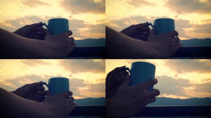 日落时喝杯咖啡特写展示视频素材