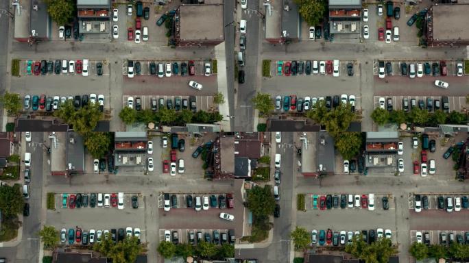 大城市停车场的空中建立镜头。