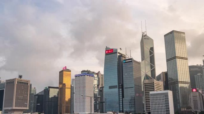 延时: 中环和金钟香港天际线建筑城市景观日落