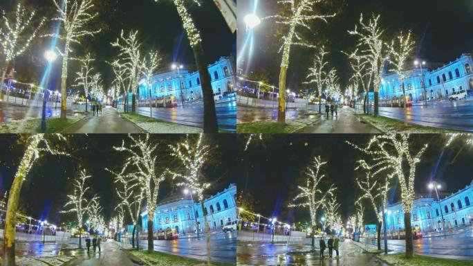 奥地利维也纳城市街道和人行道两旁的MS照明树