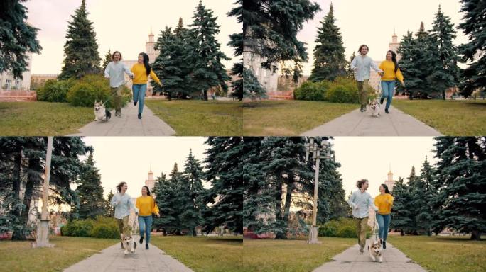 快乐的年轻夫妇和威尔士柯基犬小狗在城市公园外奔跑