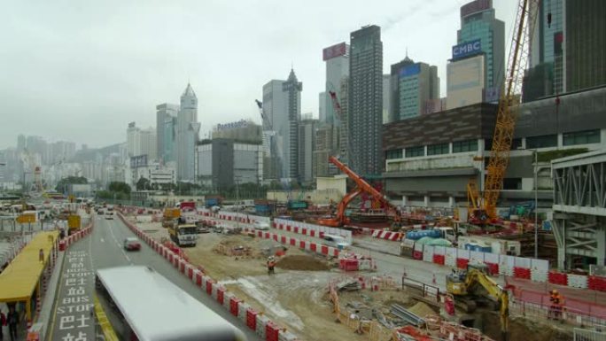 (缩小) 在香港工作的建筑工地的延时。