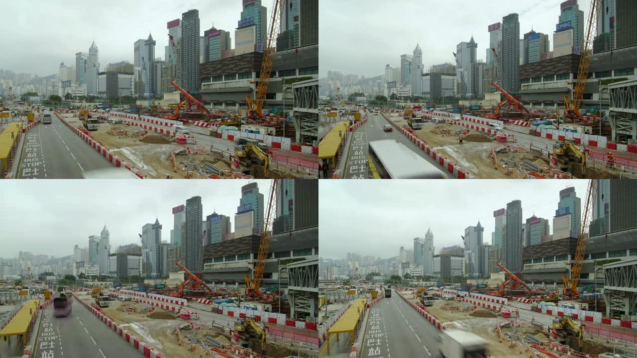 (缩小) 在香港工作的建筑工地的延时。