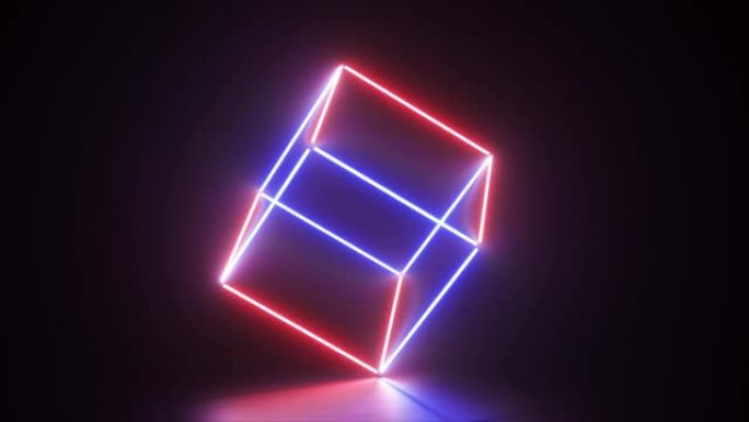 抽象发光霓虹灯线创造一个立方体，蓝色红色光谱，荧光紫外线，现代七彩照明，4k无缝循环cg动画