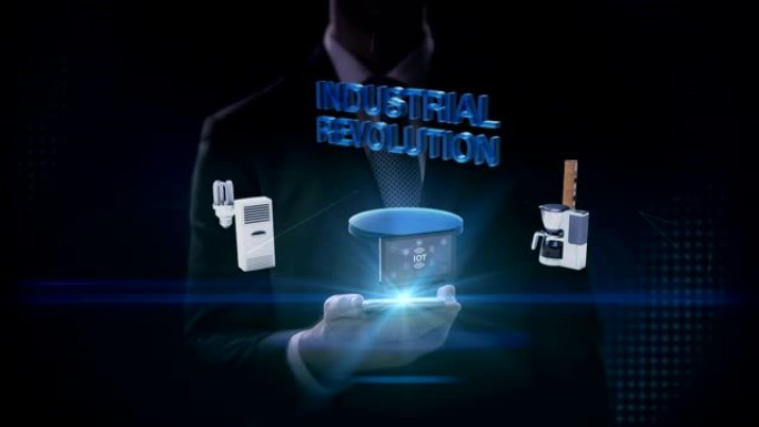 商人slide touch智能手机，'第四次工业革命' 连接显示器，微波炉，灯泡，洗衣机，空调，音频