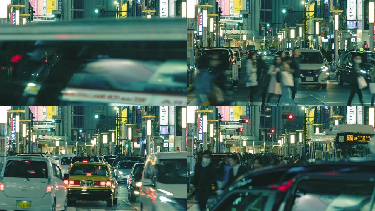 晚上，一群人走过东京的十字路口，延时4k