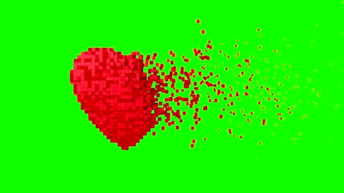 4K.绿色屏幕上红色数字心脏的瓦解。