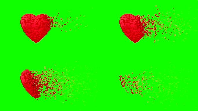 4K.绿色屏幕上红色数字心脏的瓦解。