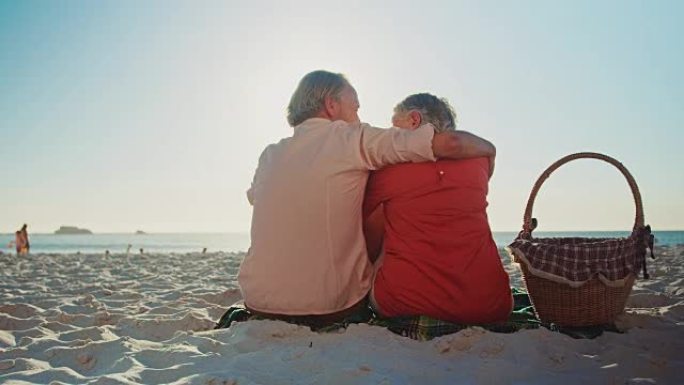 夏季海滩上老年夫妇的后视图