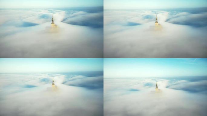 无人驾驶飞机飞离诺曼底的空灵山圣米歇尔城堡尖顶，被大气日出雾覆盖。