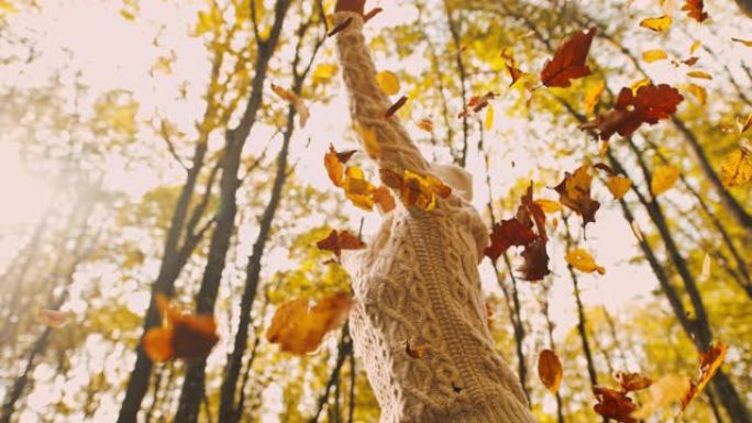 MS超级慢动作无忧无虑的年轻女子在森林中飘落的金色秋叶中旋转