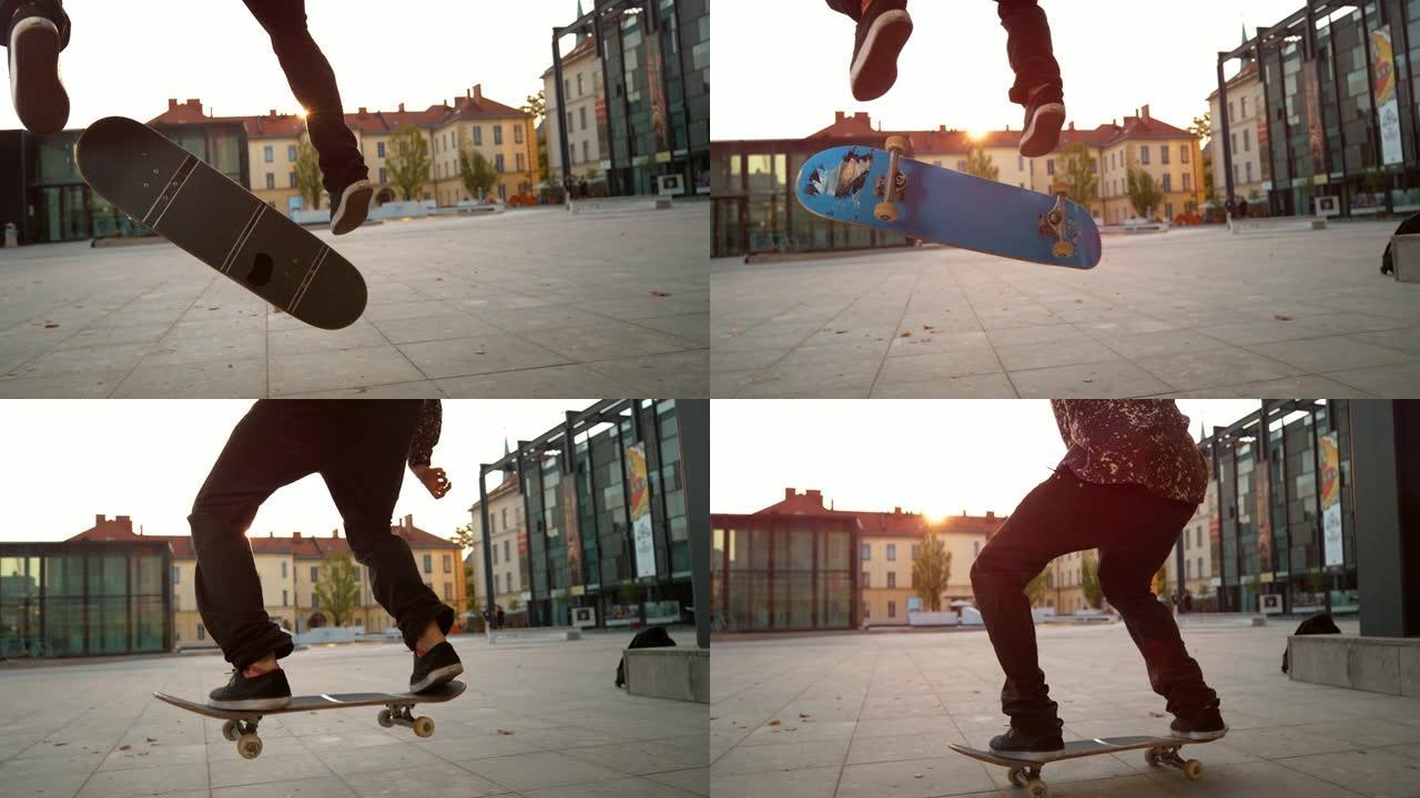 特写: 滑板手花花公子在美丽的城市广场上降落了一个fakie kickflip。