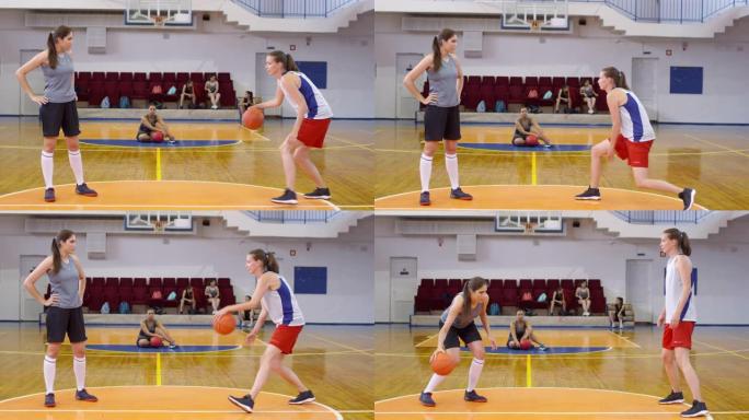 年轻的女篮球运动员在球场上进行伴侣锻炼