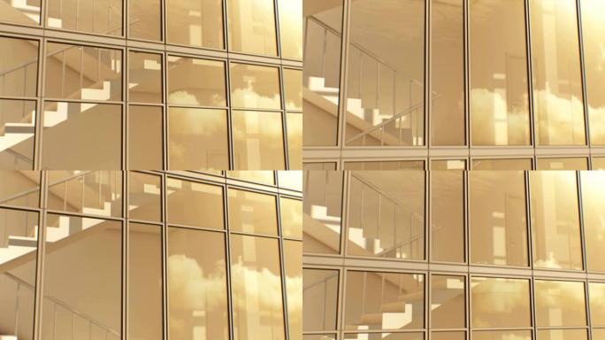 抽象的现代建筑立面，天空和云反映无缝。摩天大楼外部和内部的循环3d动画。