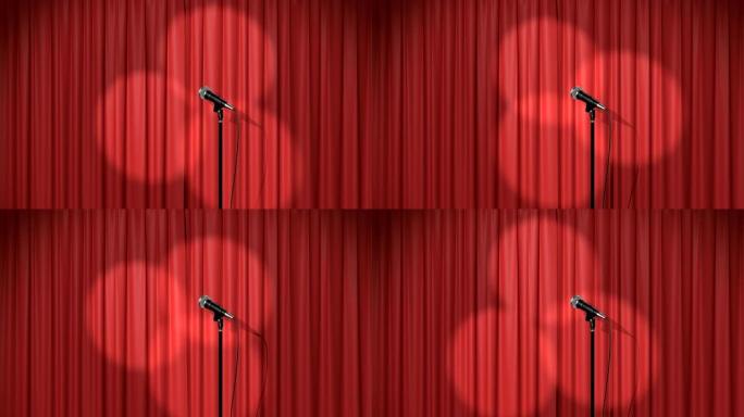 舞台上有聚光灯和麦克风的美丽红色窗帘