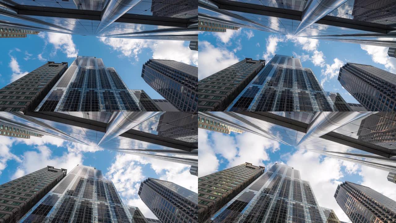 延时: 芝加哥城市景观办公室摩天大楼背景的低角度拍摄