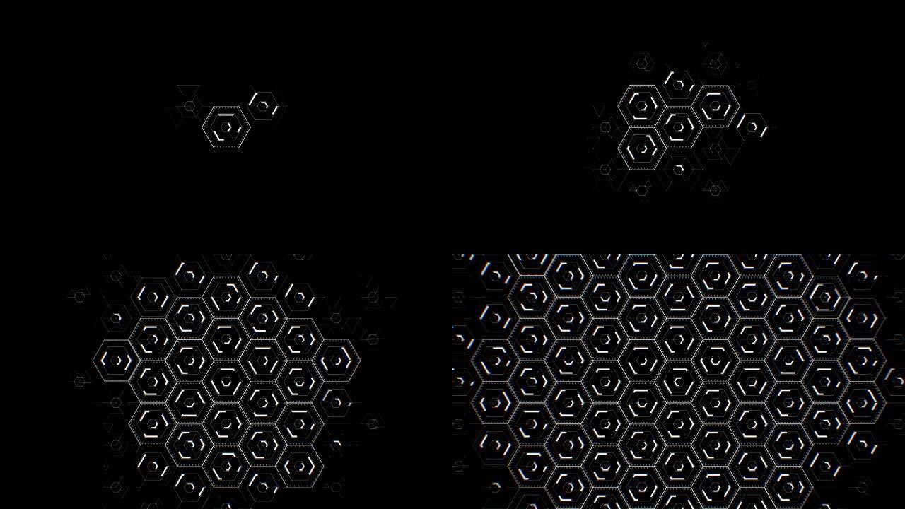 抽象数字六边形图标绘制在填充屏幕的黑色背景上。数字技术3d动画。