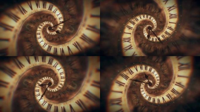 罗马数字的螺旋钟的旋转抽象无缝动画