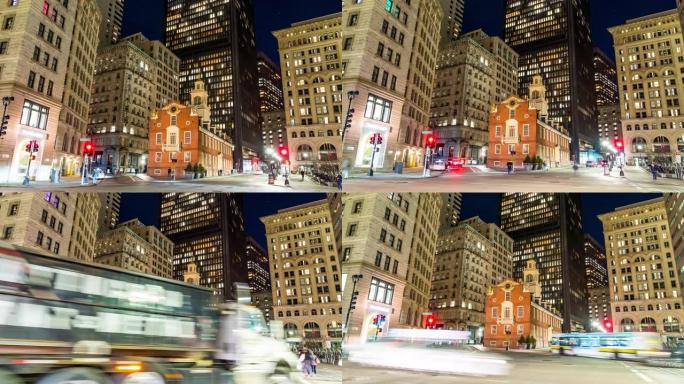 延时:交通和行人在波士顿市中心的波士顿旧州大厦在日落美国