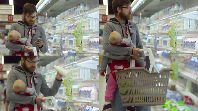 忙碌的父亲在超市买牛奶