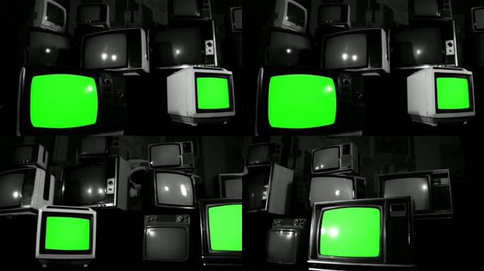 绿屏80年代电视组。多莉平行射击。黑色音调。