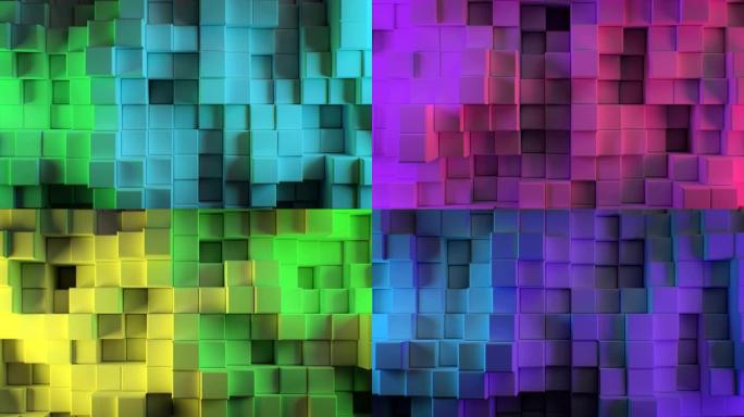美丽的抽象立方体在不同颜色的灯循环3d动画。彩色墙移动无缝背景