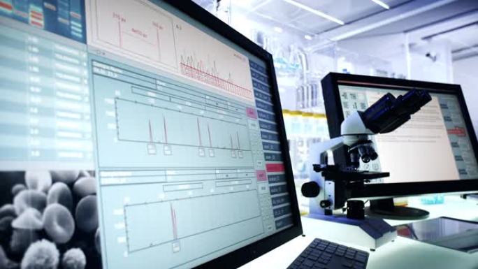 未来的实验室设备。电脑屏幕上的血细胞研究