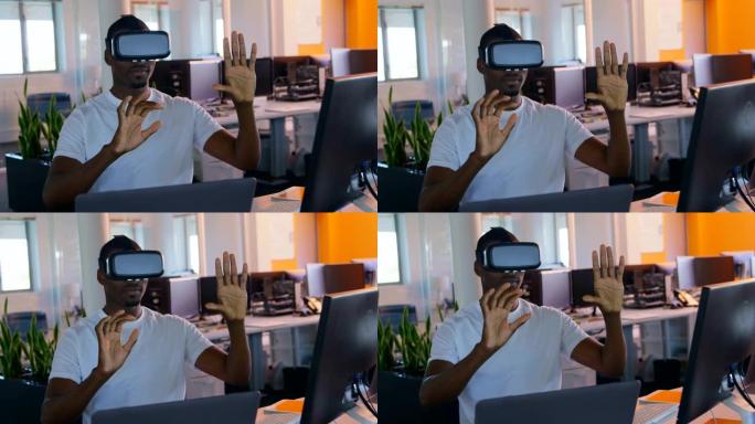 现代办公室4k中使用虚拟现实耳机的年轻黑人男性高管