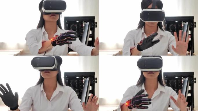 十几岁的女孩戴着虚拟现实耳机，坐在办公桌前打手势，在车间里打黑客马拉松。创新、教育、技术、科学、人的