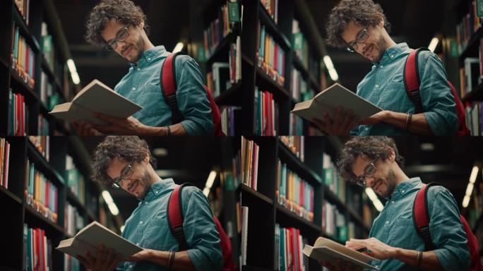 大学图书馆: 才华横溢的西班牙裔男孩站在书架旁，戴着眼镜，为他的课堂作业和考试准备读书。低角度肖像