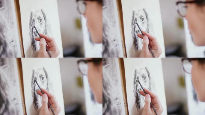Close Up Of Artist Sitting At Easel Drawing Pictur