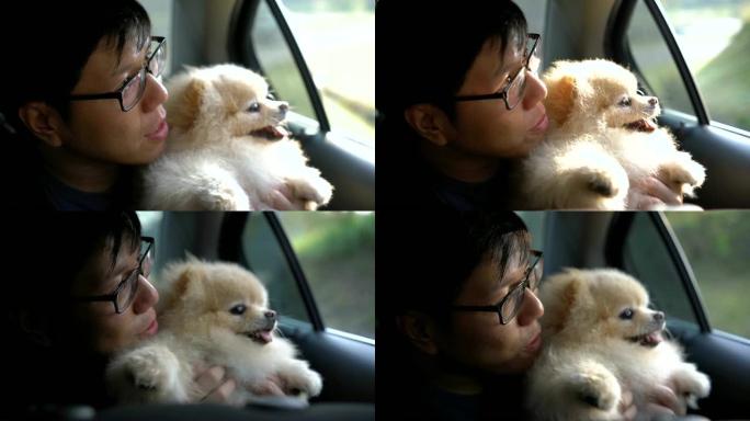 狗和他的主人开车旅行
