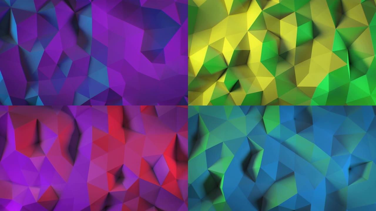 美丽的抽象多边形表面在多色光圈3d动画中变形。彩色墙移动无缝背景