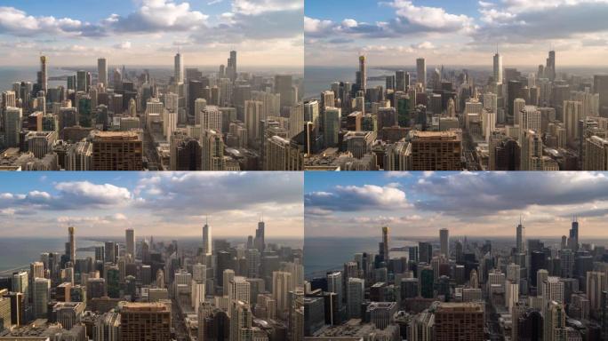 延时: 日落时芝加哥天际线城市景观的鸟瞰图，俯瞰美国伊利诺伊州南环路