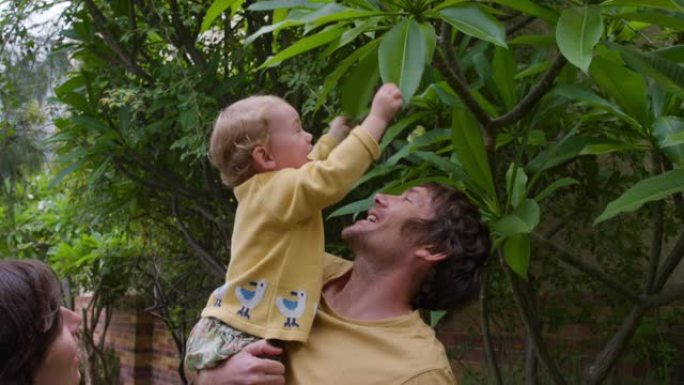 高加索婴儿在花园里玩树叶