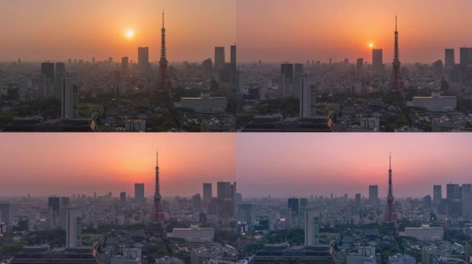 黄昏时东京铁塔上空的日落