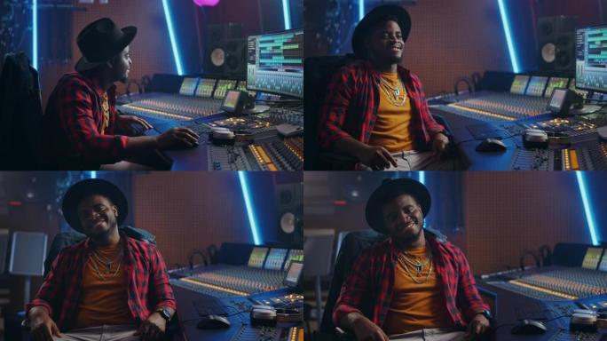 在音乐录音棚工作的时尚音频工程师的肖像，使用调音板创造现代声音。成功的黑人艺术家音乐家在控制台工作。