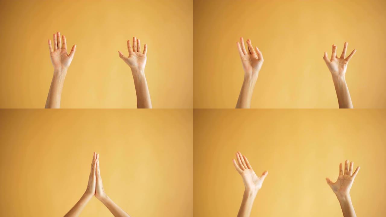 女性双手做着祈祷手势，手指交叉，将手掌放在namaste中