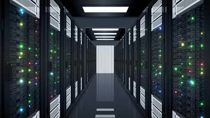 漂亮的无缝服务器机架穿过数据中心的开门。带有闪烁的计算机灯的循环3d动画。大数据云技术概念。