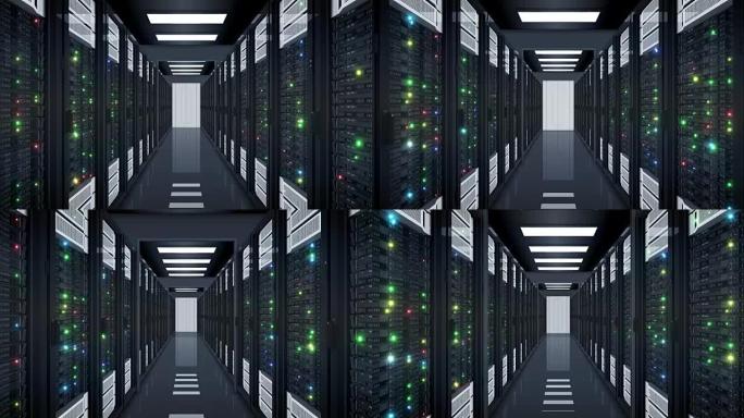 漂亮的无缝服务器机架穿过数据中心的开门。带有闪烁的计算机灯的循环3d动画。大数据云技术概念。