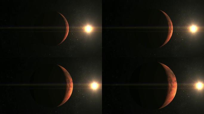 火星行星。摄像机正在接近火星。太阳在框架中。从太空看。星星闪烁。4K.太阳在右边