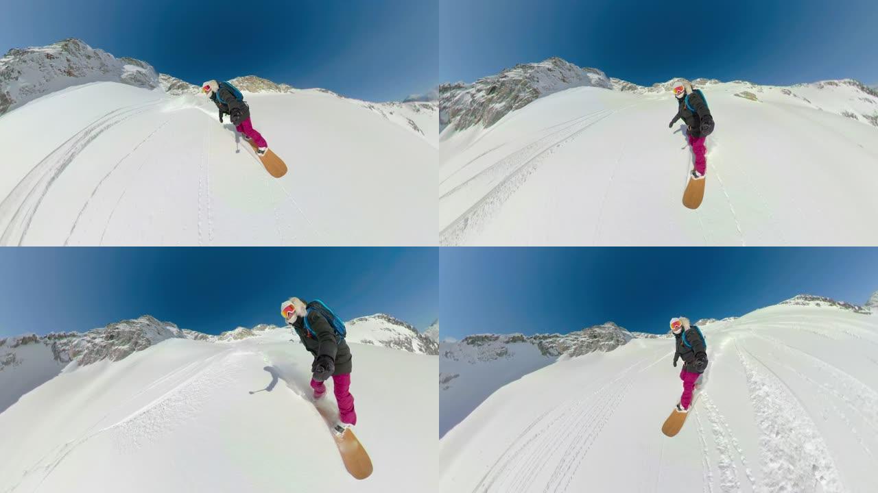 自拍照: 女性滑雪者在阳光明媚的日子里在未触及的山上雕刻。
