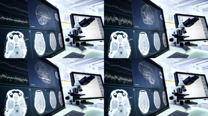 未来的实验室设备。计算机屏幕上的脑电波扫描研究