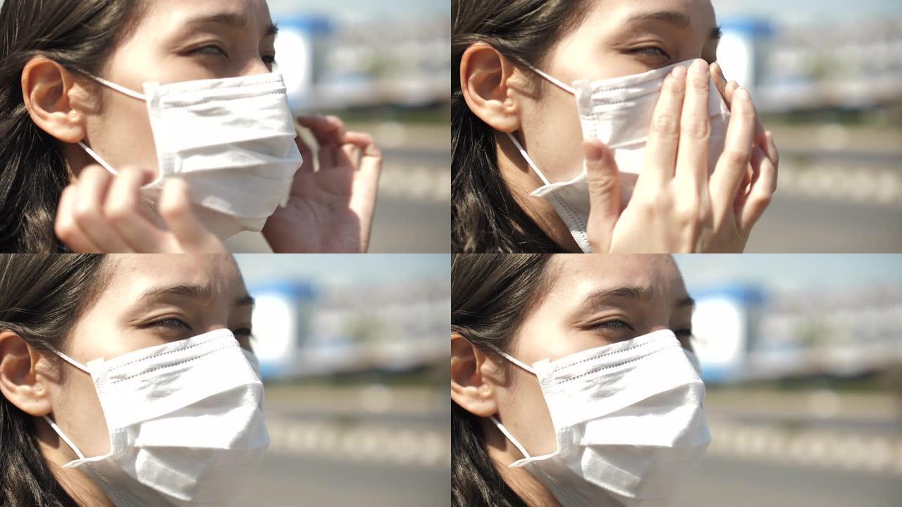 在城市的街道上戴着口罩的亚洲妇女