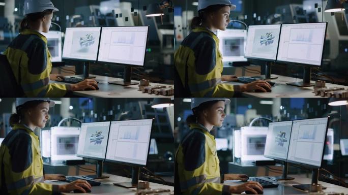 年轻而自信的工业工程师在计算机上工作，在屏幕上显示新的电动发动机的cad软件上。拥有高科技数控机械的