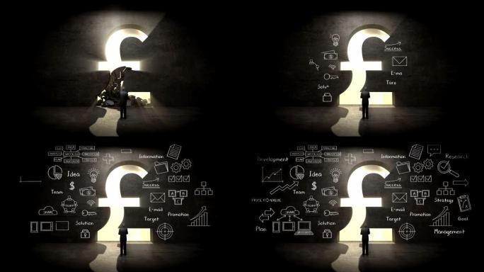 商人站在黑墙前，形状为人民币。人民币货币与经济图。4k动画。