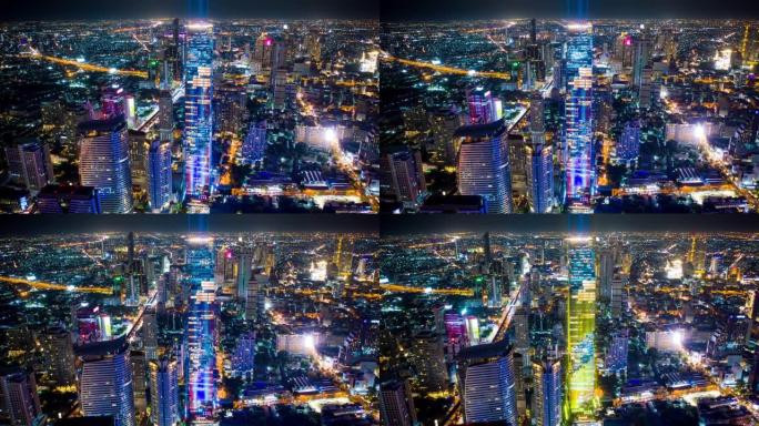 曼谷市，西隆/萨顿中央商务区与mahanakhon tower在晚上的空中拍摄