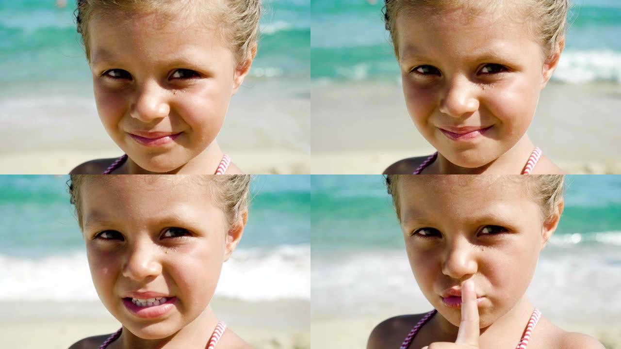 一个美丽的小女孩在海边的沙滩上玩耍的肖像，戴着墨镜的可爱微笑，大海的背景是黄沙和蓝色的水。