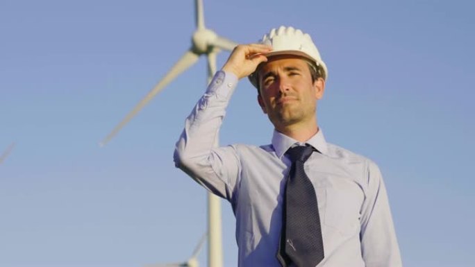 肖像工程师控制风力涡轮机的运行，这要归功于风力的力量，并可持续地向地球发电。